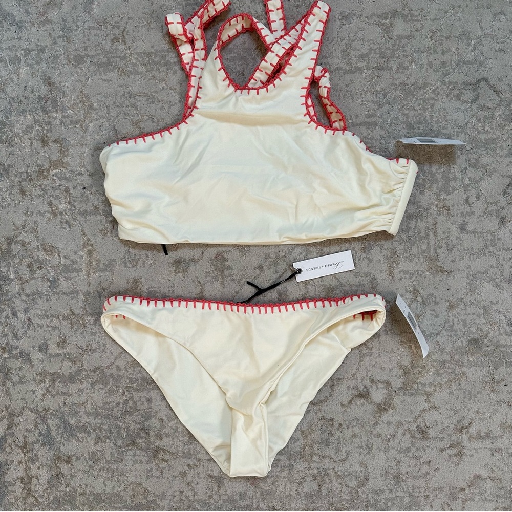 NWT Lovers + Friends Ivory Bikini with Pink Stitching | Large Top Medium Bottom